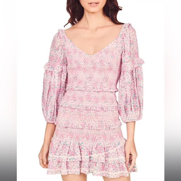 LoveShackFancy Dresses & Skirts - LoveShackFancy Ensley Printed Smocked Cotton Long Sleeve Mini Dress, Size Large